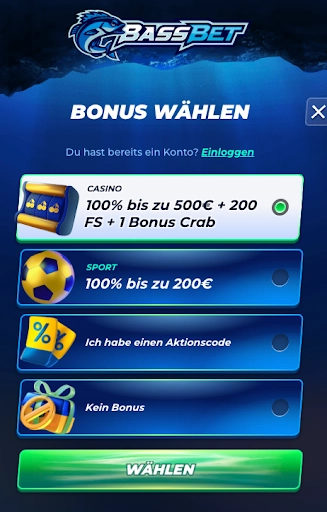 Seite zur Auswahl des Willkommensbonus bei BassBet.