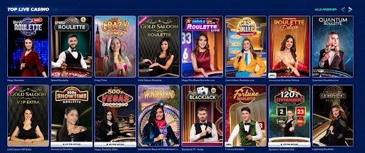 Auswahl an Live-Casino-Spielen bei BassBet, darunter Roulette, Blackjack und Game Shows.